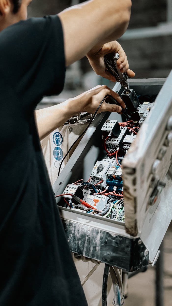 Crafting Captivating Headlines: Your awesome post title goes here Technician adjusting wires in an electrical control panel for maintenance